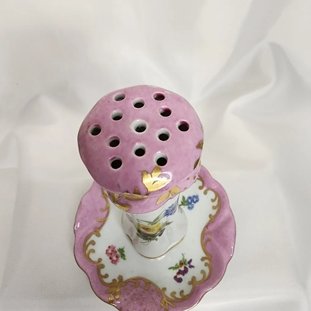 Victorian HatPin Holder Antique Paris Royal Peint ala Main Pink Floral Porcelain